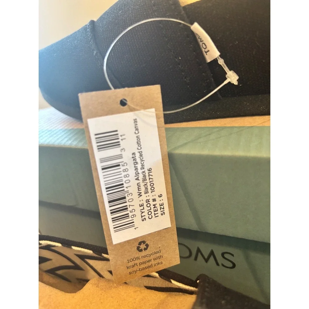 NWT TOMS Womens Alpargata Black Recycled Cotton Canvas Shoes 10017716 Size 6